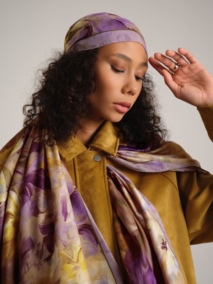 Nevbahar Çiçek Puan Desenli Çift Taraflı Şal - Lila Mor Sarı