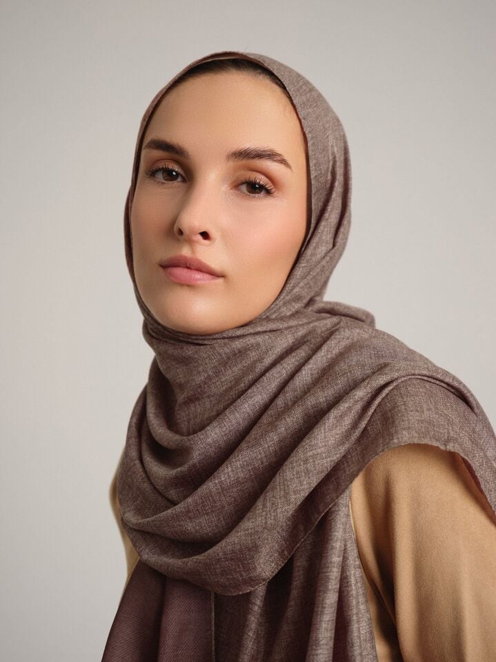 Nazenin Düz Monogram Çift Taraflı Şal - Kahverengi Krem