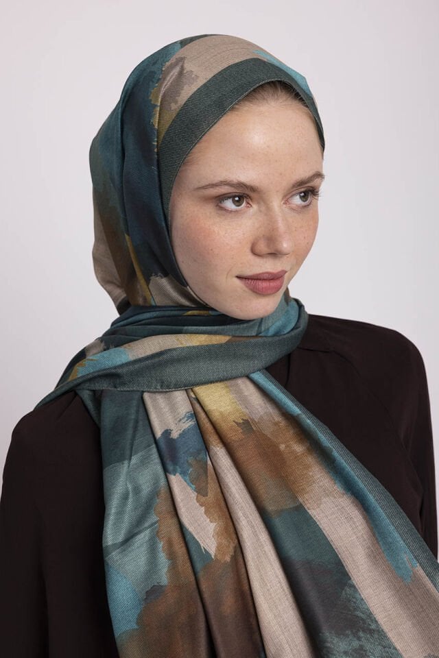 Fırça Desenli Tek Taraflı Şal - Petrol