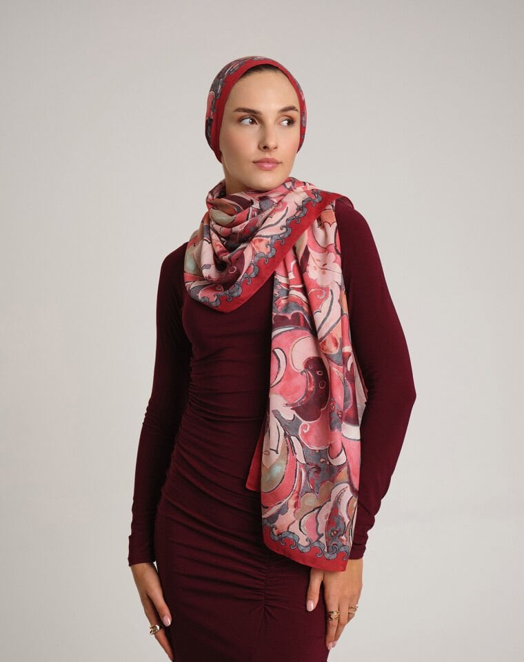 Mihrimah Desenli Tek Taraflı Şal - Kırmızı