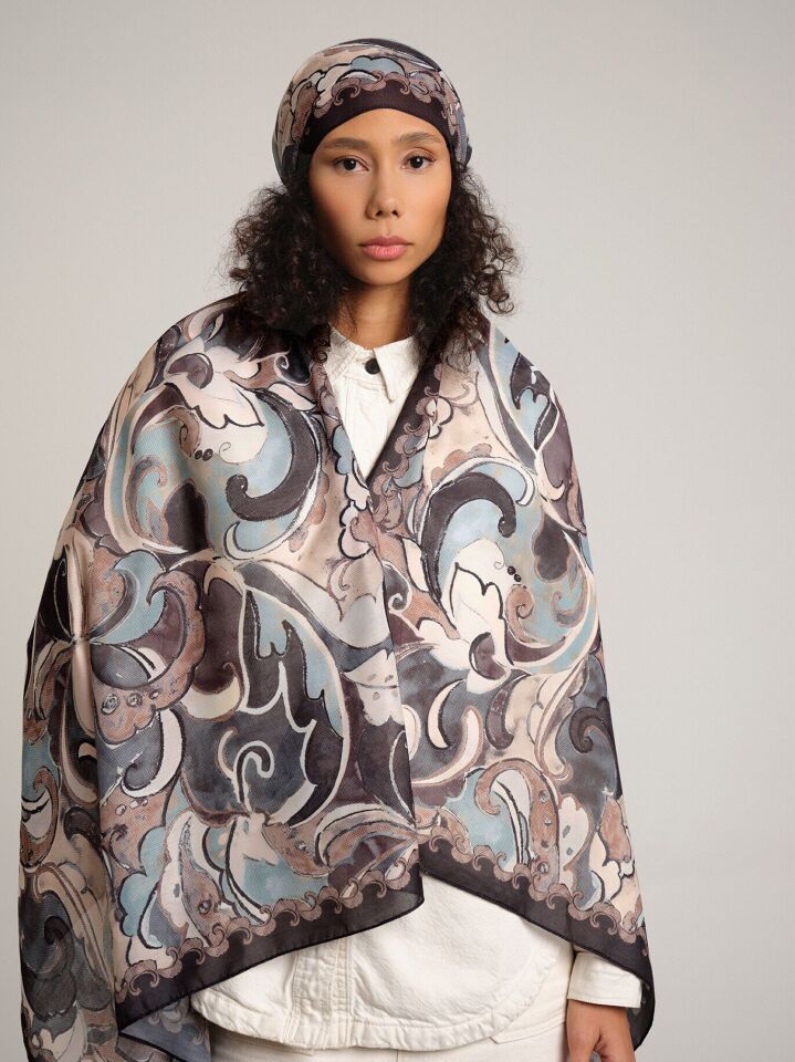 Mihrimah Desenli Tek Taraflı Şal - Siyah Gri