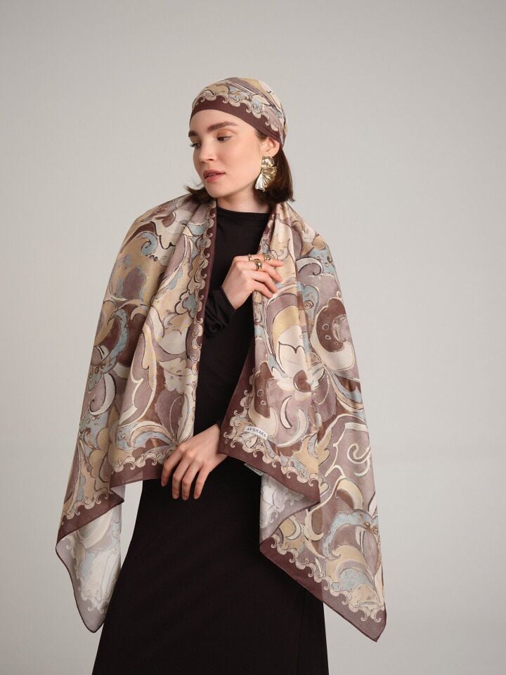 Mihrimah Desenli Tek Taraflı Şal - Krem Kahve