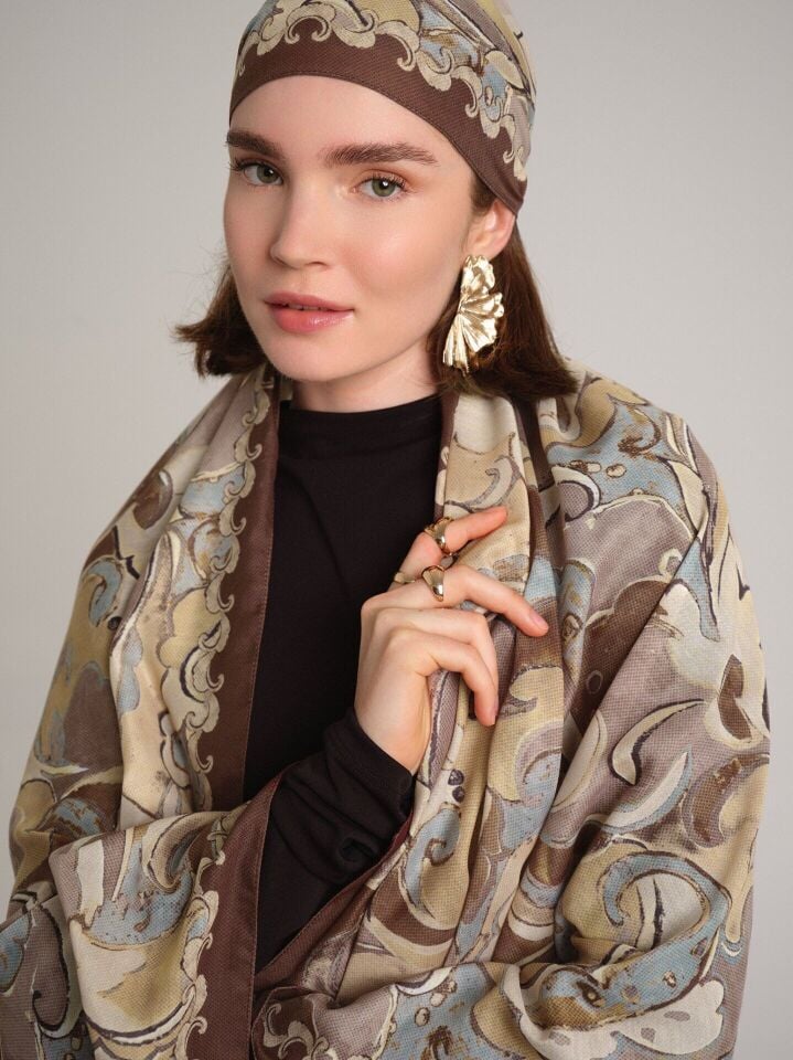 Mihrimah Desenli Tek Taraflı Şal - Krem Kahve