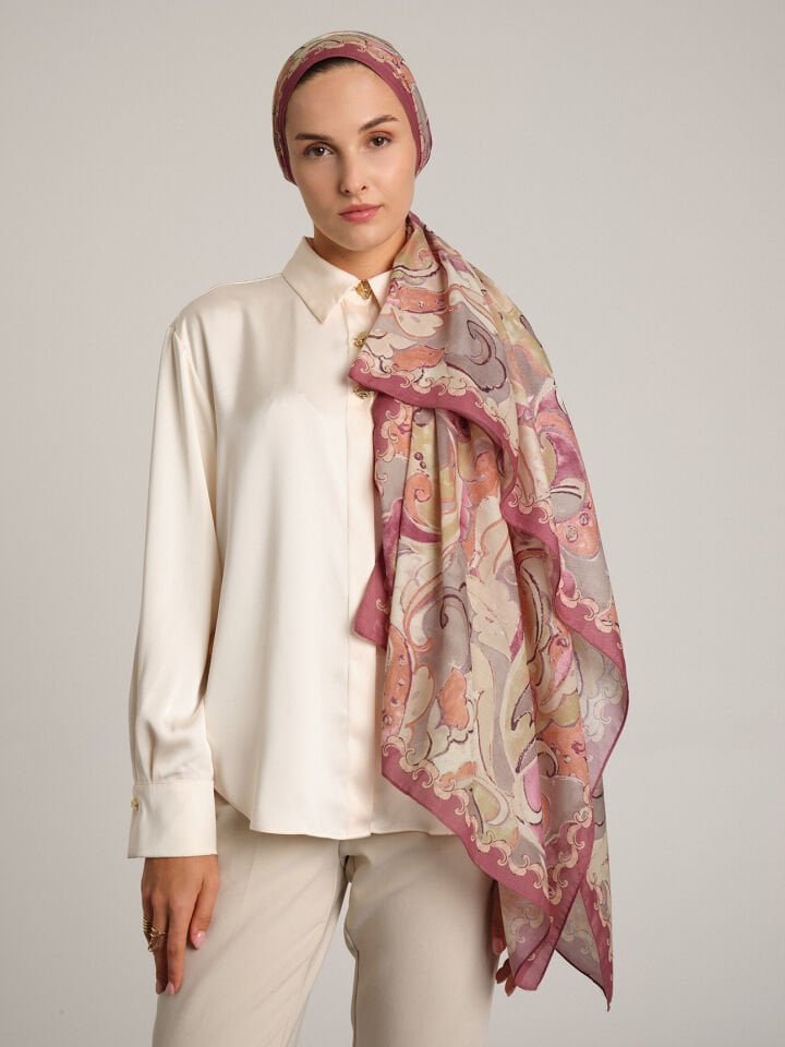 Mihrimah Desenli Tek Taraflı Şal - Gül