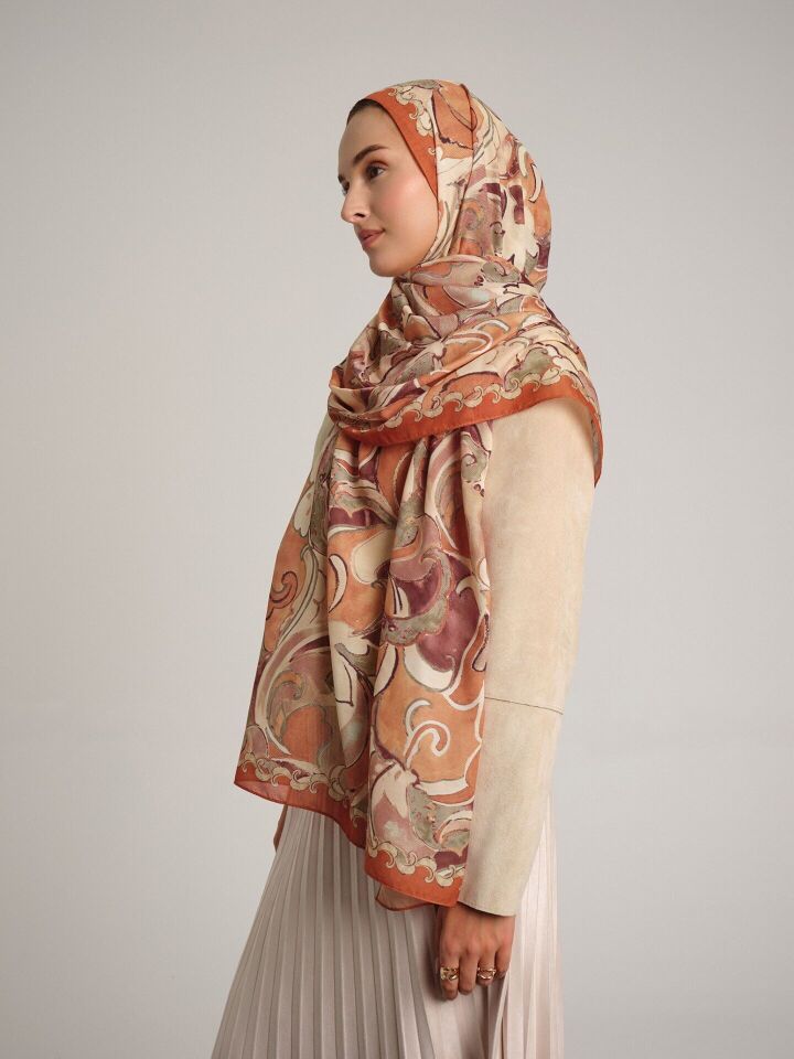 Mihrimah Desenli Tek Taraflı Şal - Bakır Taba