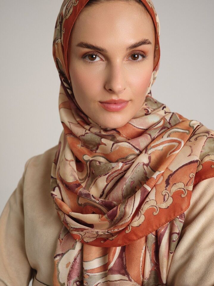 Mihrimah Desenli Tek Taraflı Şal - Bakır Taba