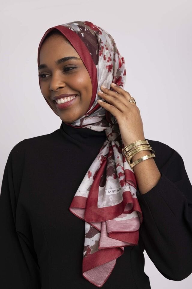 Tomurcuk Yaprak Desenli Tek Taraflı Şal - Koyu Kırmızı