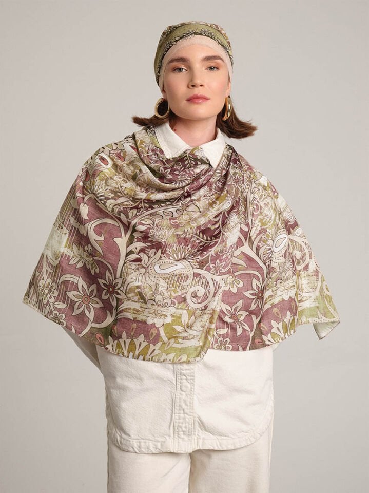 Nakkaşın Mührü Etnik Desenli Tek Taraflı Şal - Gül Pembe