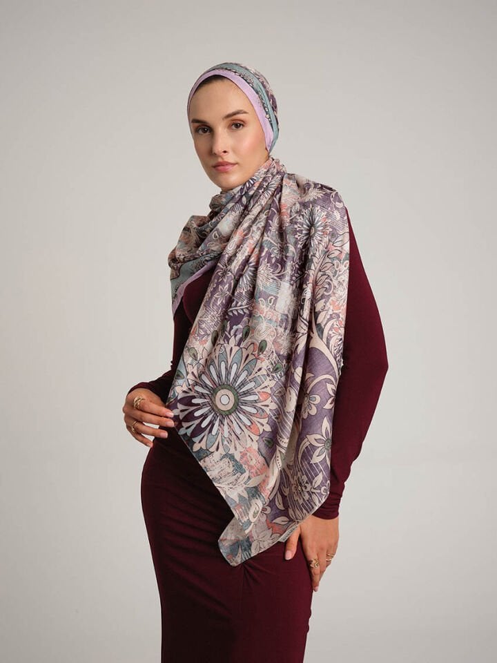 Nakkaşın Mührü Etnik Desenli Tek Taraflı Şal - Lila Mürdüm