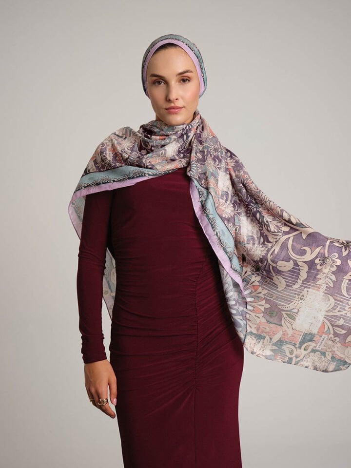 Nakkaşın Mührü Etnik Desenli Tek Taraflı Şal - Lila Mürdüm