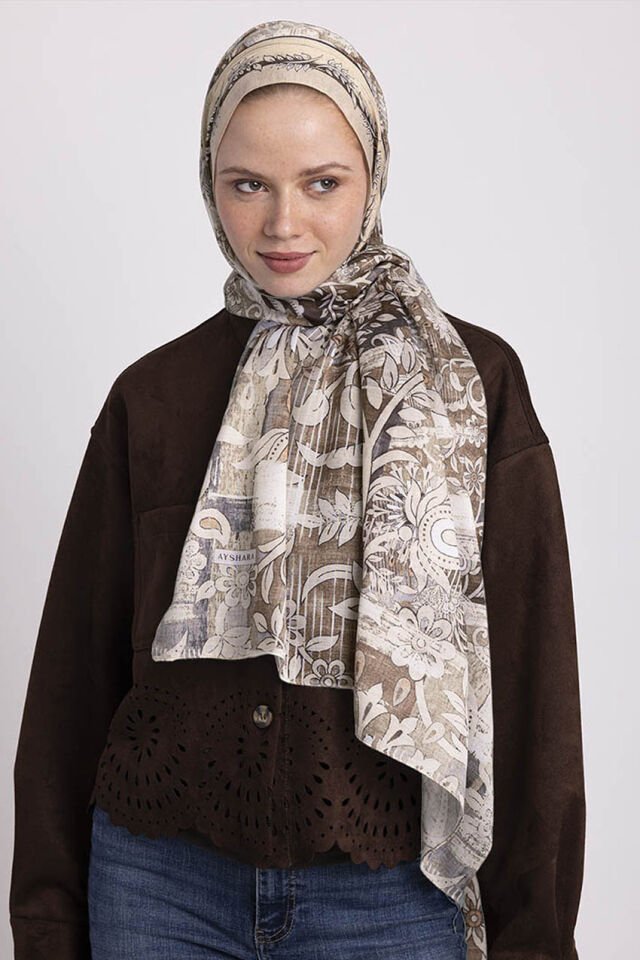 Nakkaşın Mührü Etnik Desenli Tek Taraflı Şal - Toprak Kahverengi