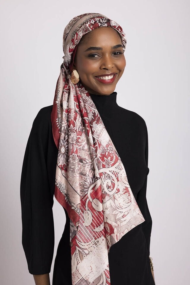 Nakkaşın Mührü Etnik Desenli Tek Taraflı Şal - Kırmızı