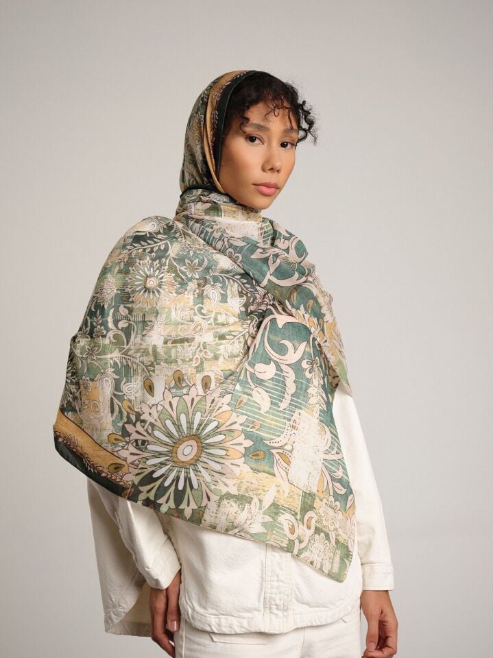 Nakkaşın Mührü Etnik Desenli Tek Taraflı Şal - Yeşil Mint