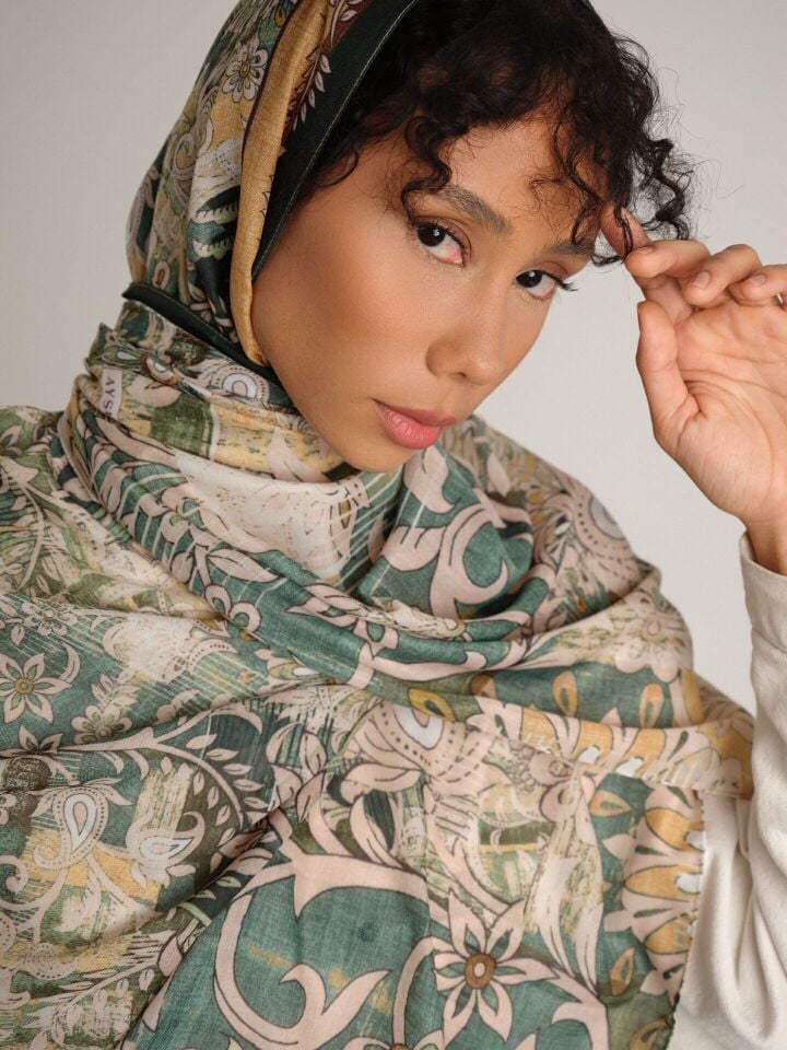 Nakkaşın Mührü Etnik Desenli Tek Taraflı Şal - Yeşil Mint