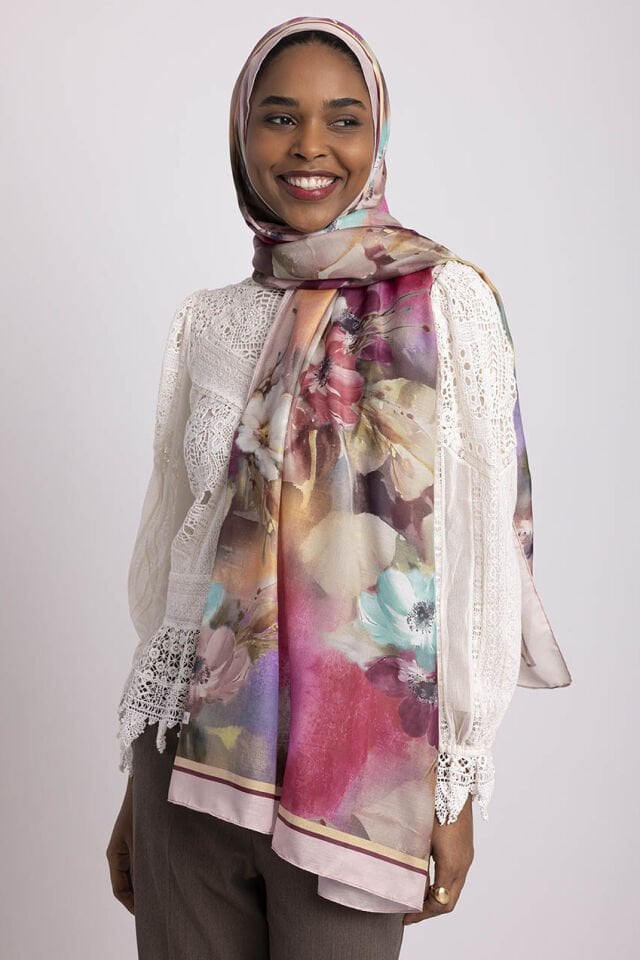 Hâle Çiçek Desenli Tek Taraflı Şal - Pembe Gül