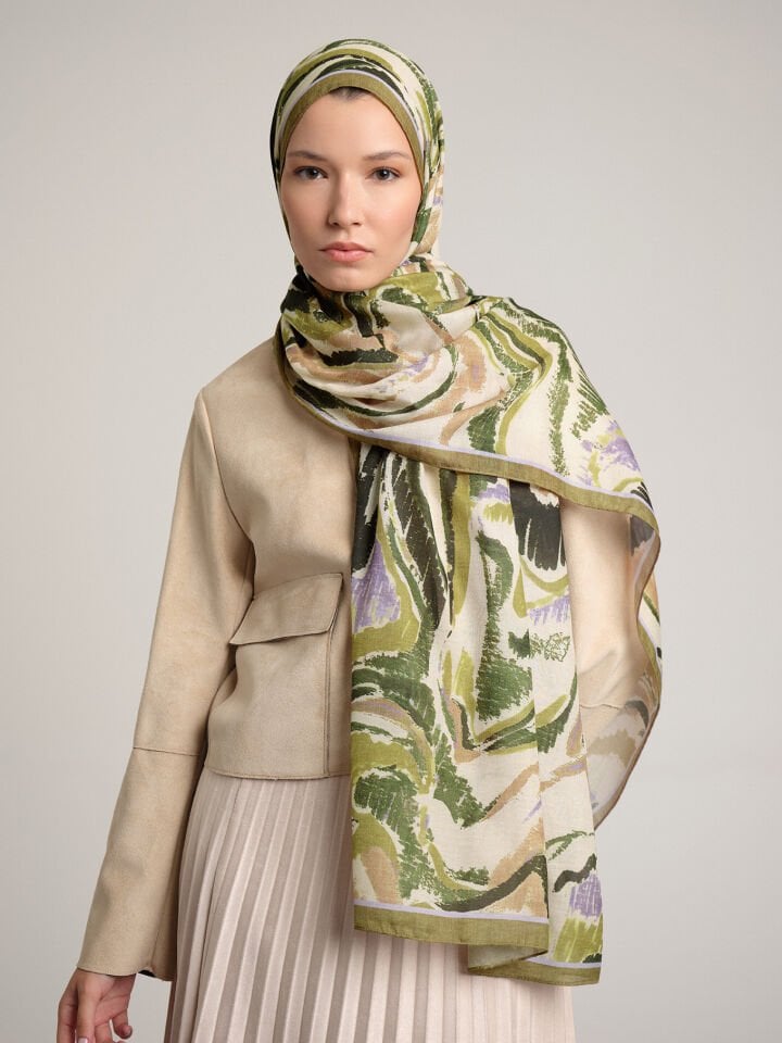 Devr-i Fırça Desenli Tek Taraflı Şal - Yağ Yeşil