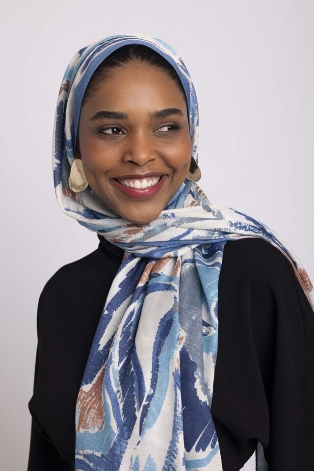 Devr-i Fırça Desenli Tek Taraflı Şal - Mavi