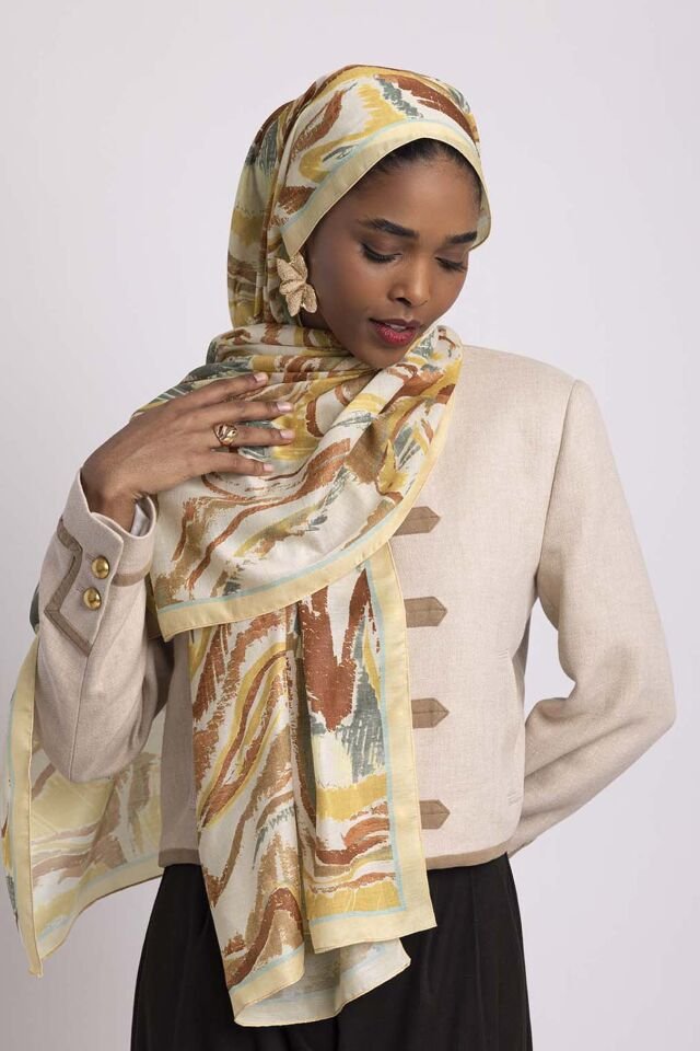 Devr-i Fırça Desenli Tek Taraflı Şal - Sarı Hardal