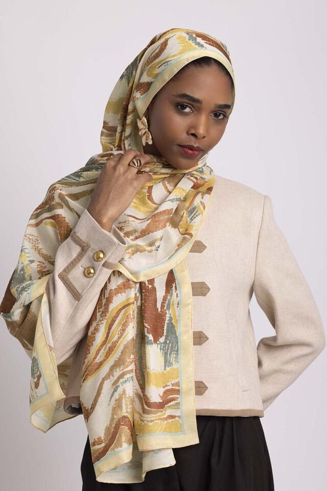 Devr-i Fırça Desenli Tek Taraflı Şal - Sarı Hardal
