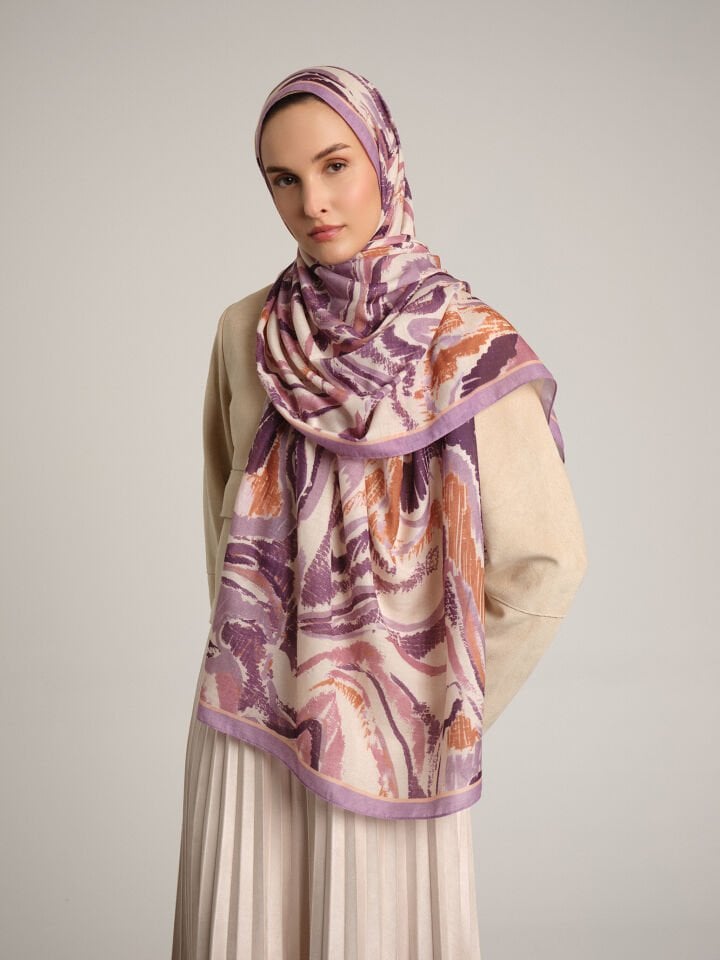 Devr-i Fırça Desenli Tek Taraflı Şal - Leylak Mürdüm