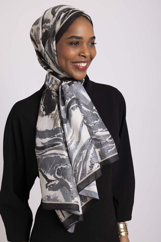 Devr-i Fırça Desenli Tek Taraflı Şal - Siyah Antrasit