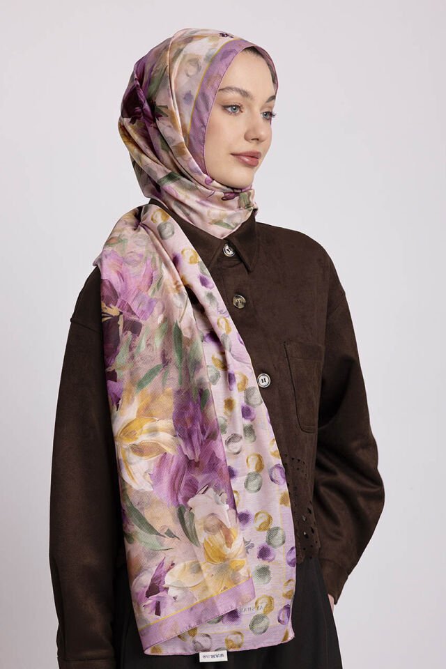 Nevbahar Çiçek Puan Desenli Çift Taraflı Şal - Pembe Mor