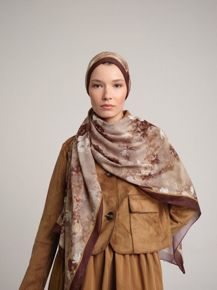 Mühr-i Gül Çiçek Desenli Tek Taraflı Şal - Kahverengi Bej