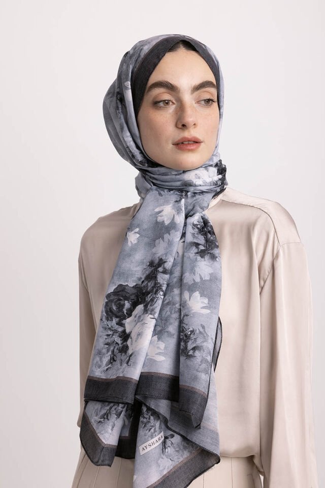 Mühr-i Gül Çiçek Desenli Tek Taraflı Şal - Siyah Gri