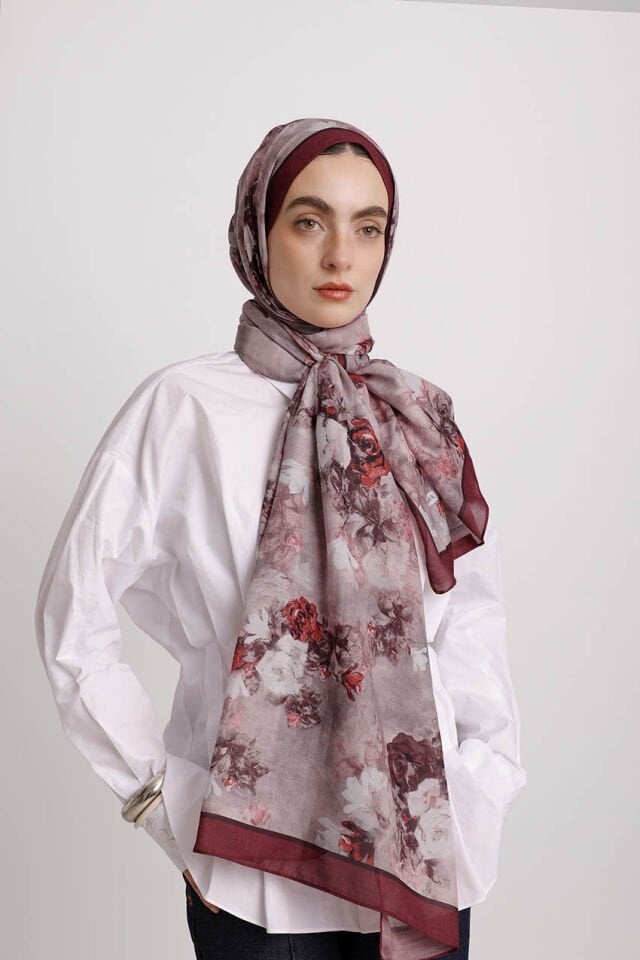 Mühr-i Gül Çiçek Desenli Tek Taraflı Şal - Kırmızı