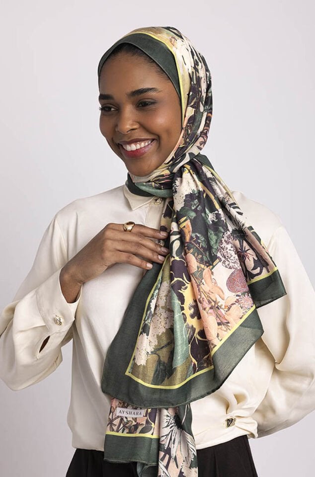 Nakkaş Avlusu Etnik Desenli Tek Taraflı Şal - Yeşil