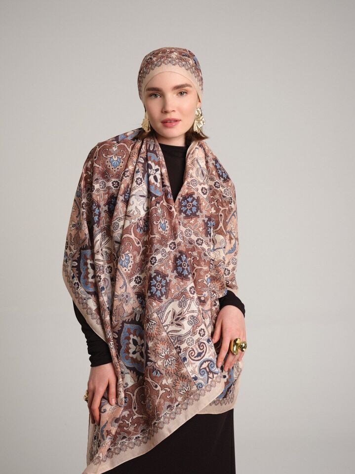 Kırkpare Etnik Desenli Tek Taraflı Şal - Kahverengi