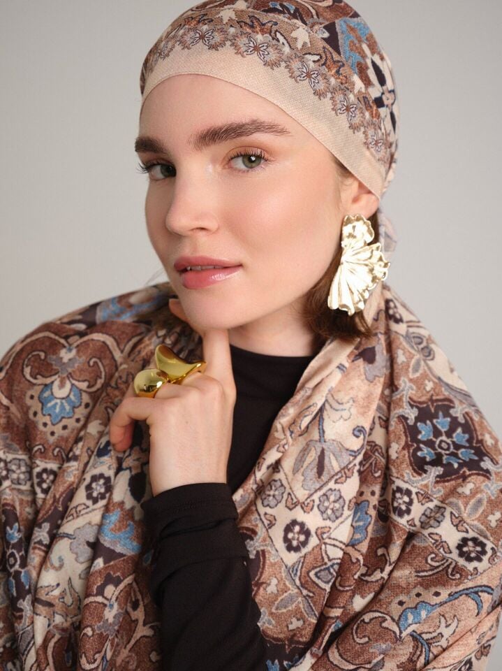 Kırkpare Etnik Desenli Tek Taraflı Şal - Kahverengi