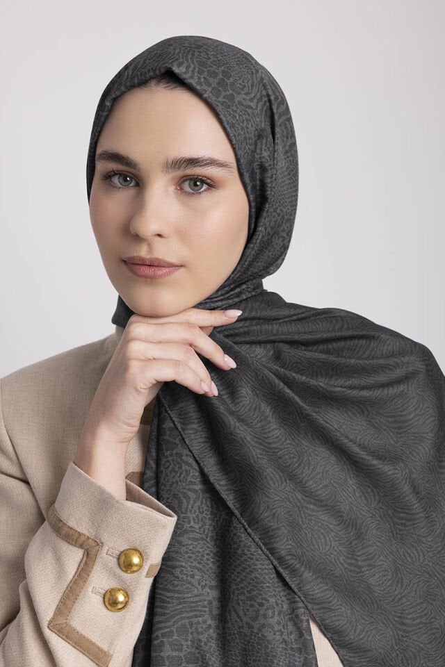 Vaha Safari Desenli Çift Taraflı Şal - Koyu Gri 54-03