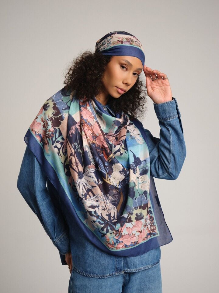 Nakkaş Avlusu Etnik Desenli Tek Taraflı Şal - Mint Mavi