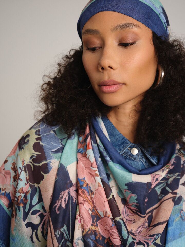 Nakkaş Avlusu Etnik Desenli Tek Taraflı Şal - Mint Mavi