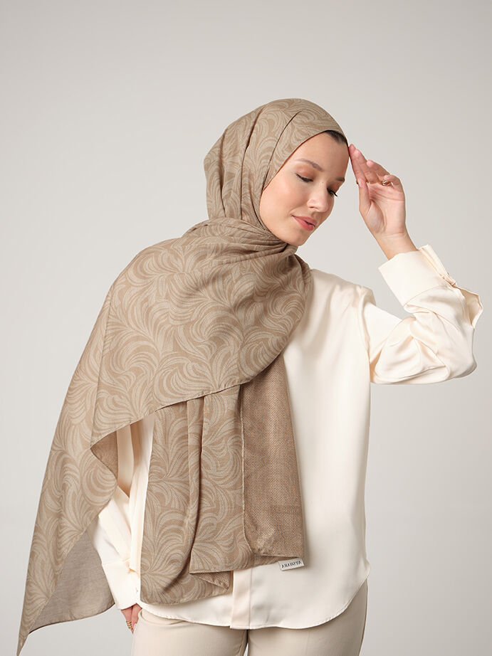 Rûmî Sema Monogram Desenli Çift Taraflı Şal - Sis bej