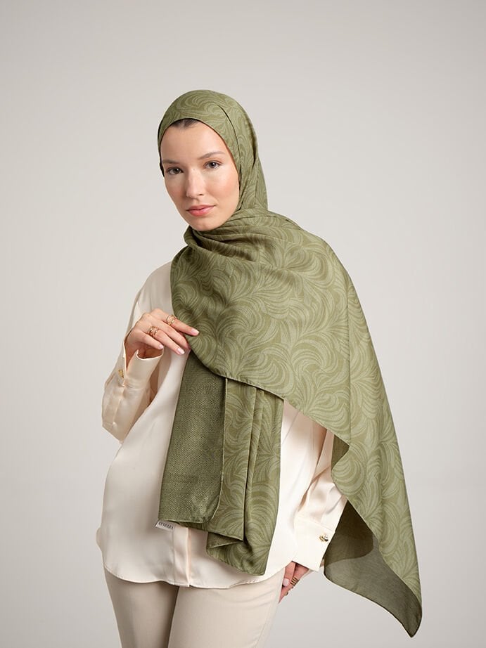 Rûmî Sema Monogram Desenli Çift Taraflı Şal - Yağ Yeşil