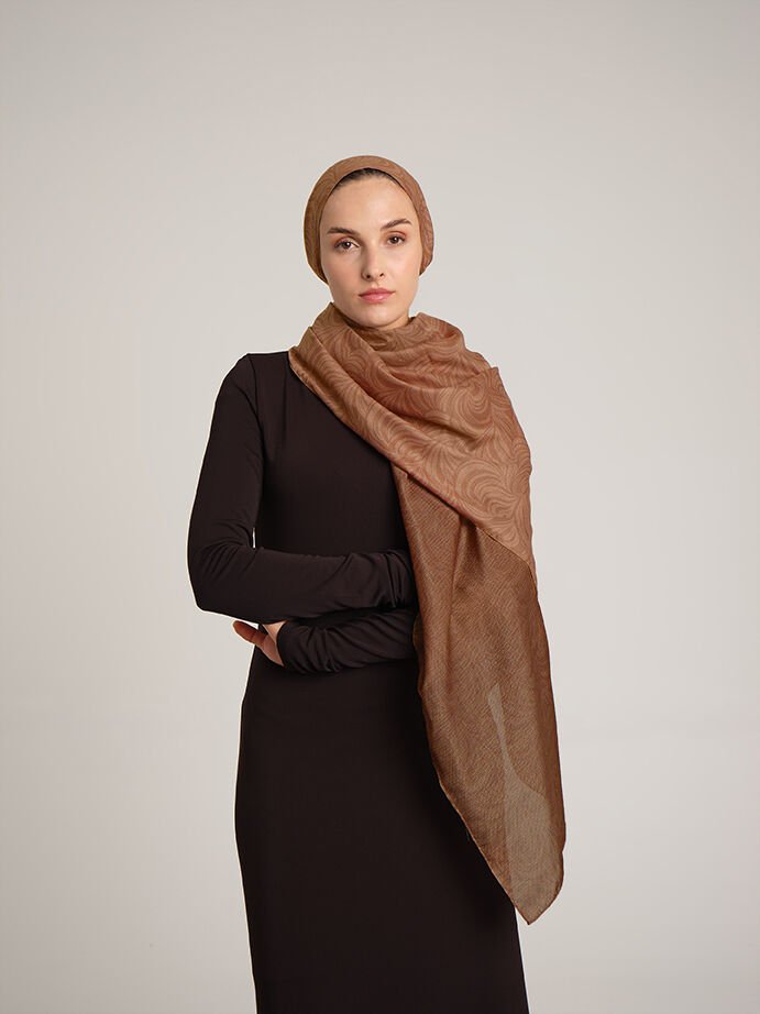 Rûmî Sema Monogram Desenli Çift Taraflı Şal - Taba Kızıl