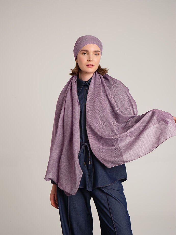 Rûmî Sema Monogram Desenli Çift Taraflı Şal - Leylak Mor