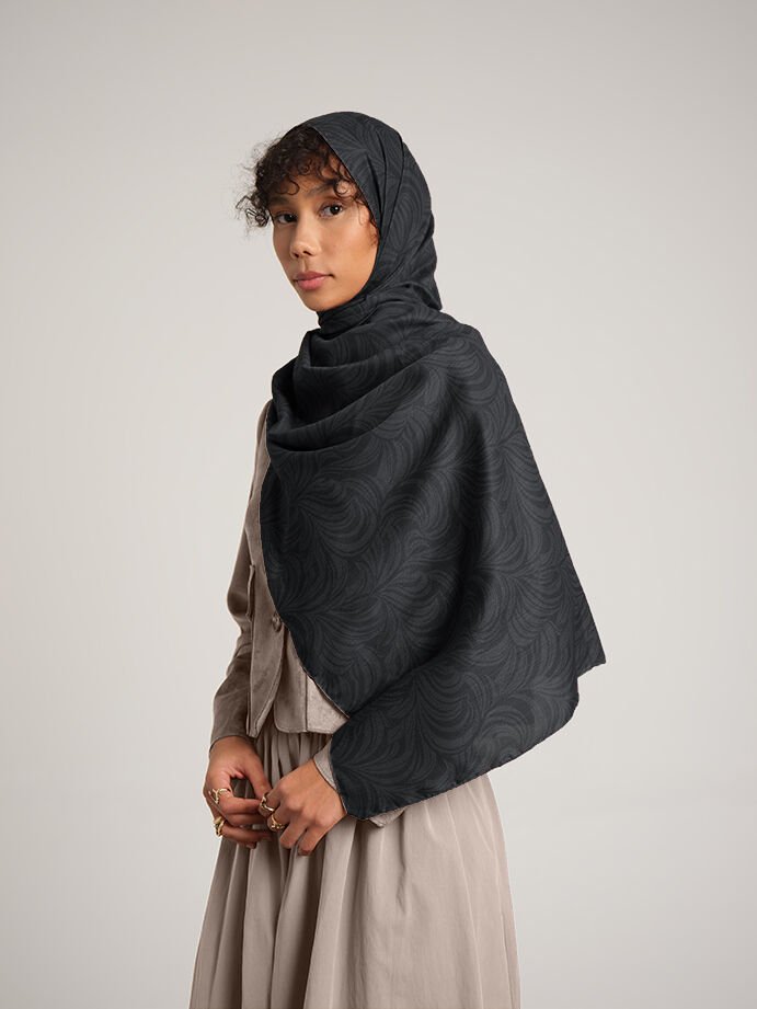 Rûmî Sema Monogram Desenli Çift Taraflı Şal - Koyu Gri