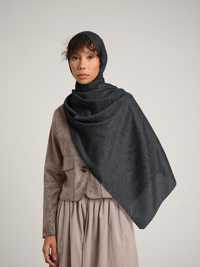 Rûmî Sema Monogram Desenli Çift Taraflı Şal - Koyu Gri