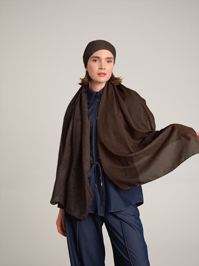 Rûmî Sema Monogram Desenli Çift Taraflı Şal - Çikolata Kahve