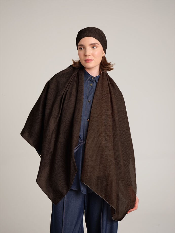 Rûmî Sema Monogram Desenli Çift Taraflı Şal - Çikolata Kahve