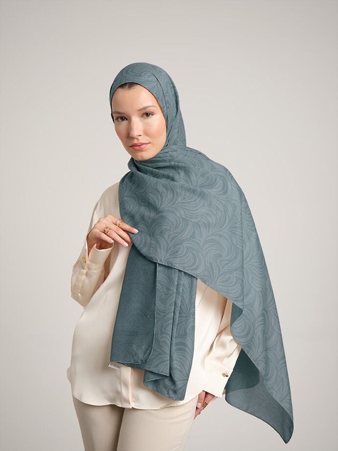 Rûmî Sema Monogram Desenli Çift Taraflı Şal - Açık Turkuaz