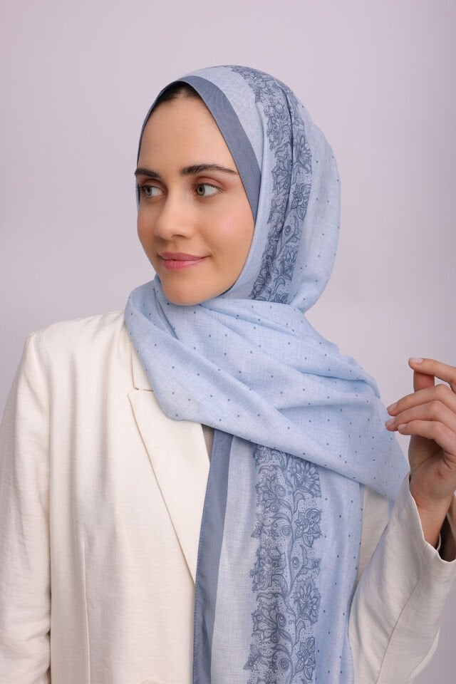 Dantel Puan Desenli Tek Taraflı Şal - Mavi 71-03