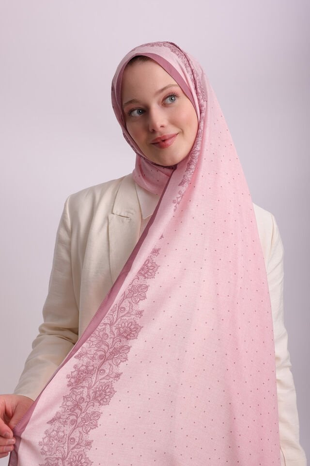 Dantel Puan Desenli Tek Taraflı Şal - Pembe 71-04