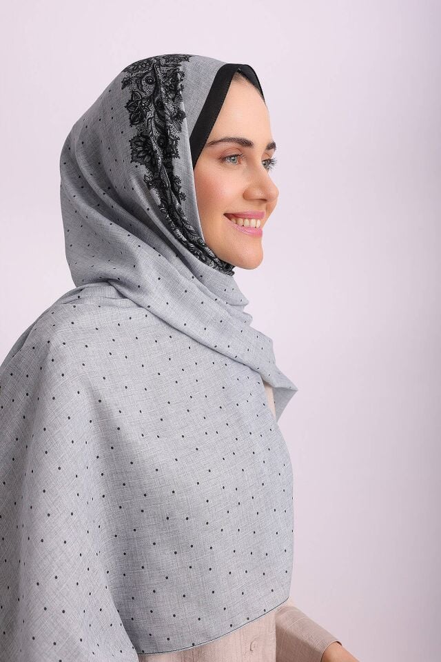 Dantel Puan Desenli Tek Taraflı Şal - Siyah Gri 71-10