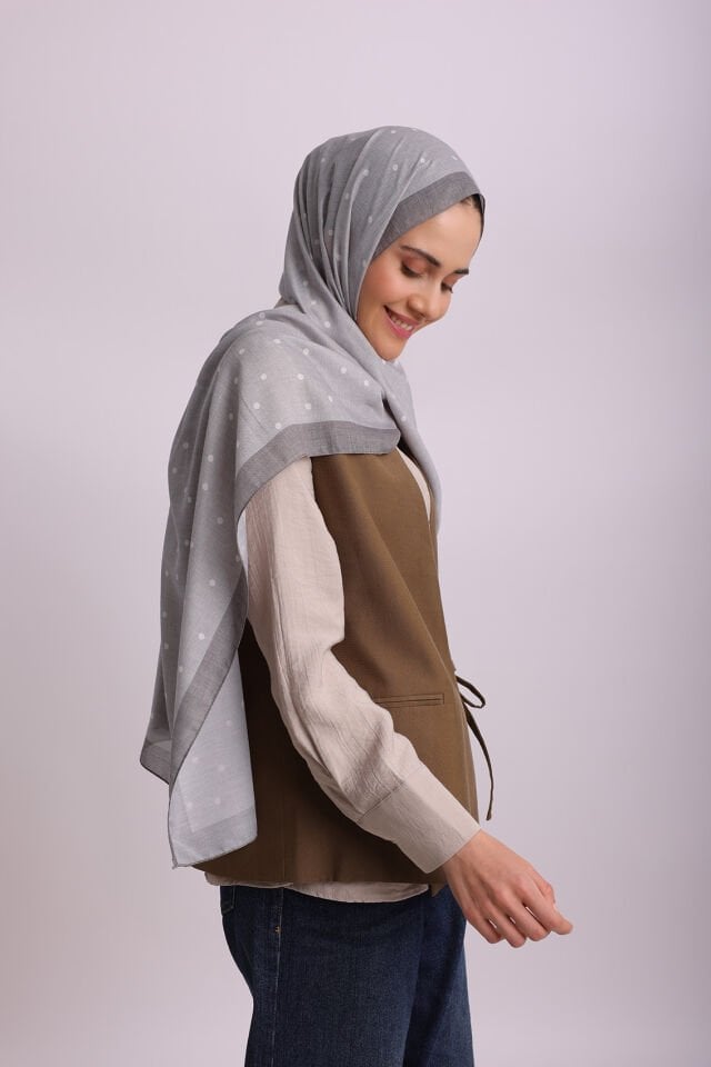 Puan Desenli Tek Taraflı Şal - Gri 69-06