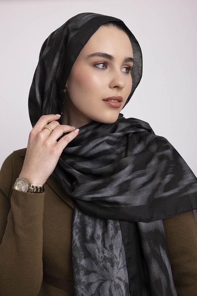Yalaz Zebra Damask Desenli Çift Taraflı Şal - Antrasit Siyah