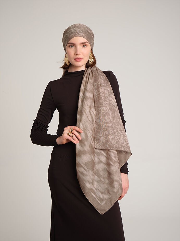 Yalaz Zebra Damask Desenli Çift Taraflı Şal - Krem Bej